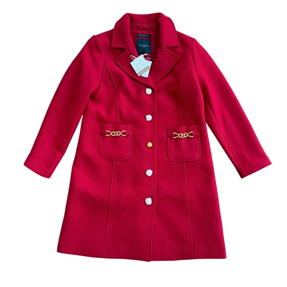 Talbots Petite Red Wool Blend Button Front Coat Gold Chain Detail Petite 4P NWT - Picture 2 of 16